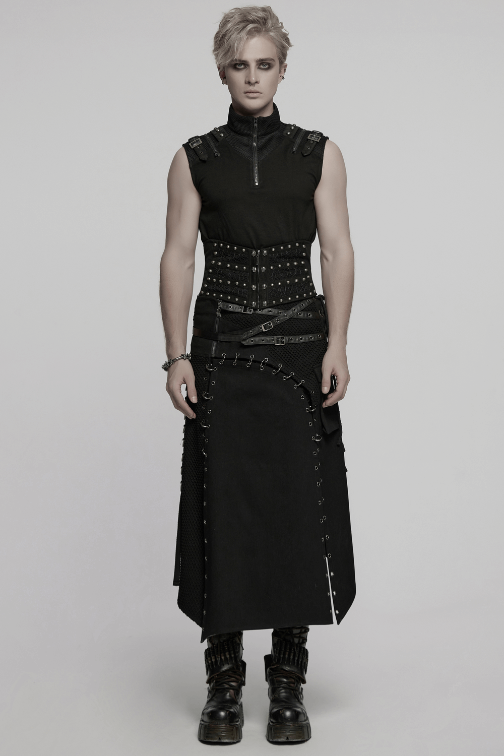 Male Gothic Corset Belt with Rivets and Lace-Up Back