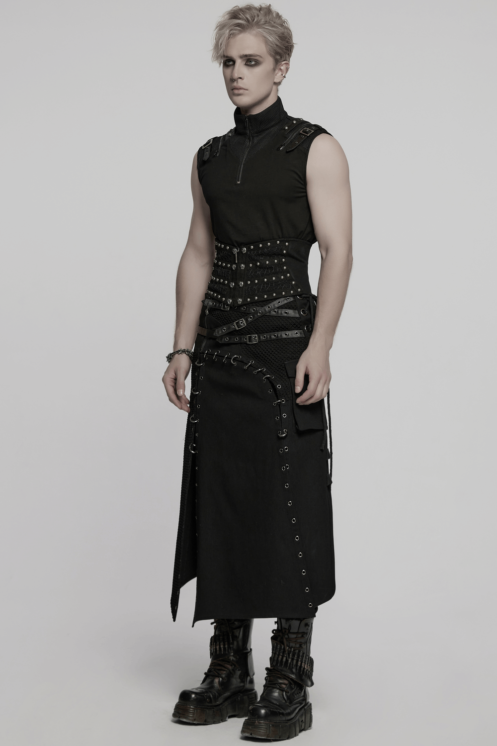 Male Gothic Corset Belt with Rivets and Lace-Up Back