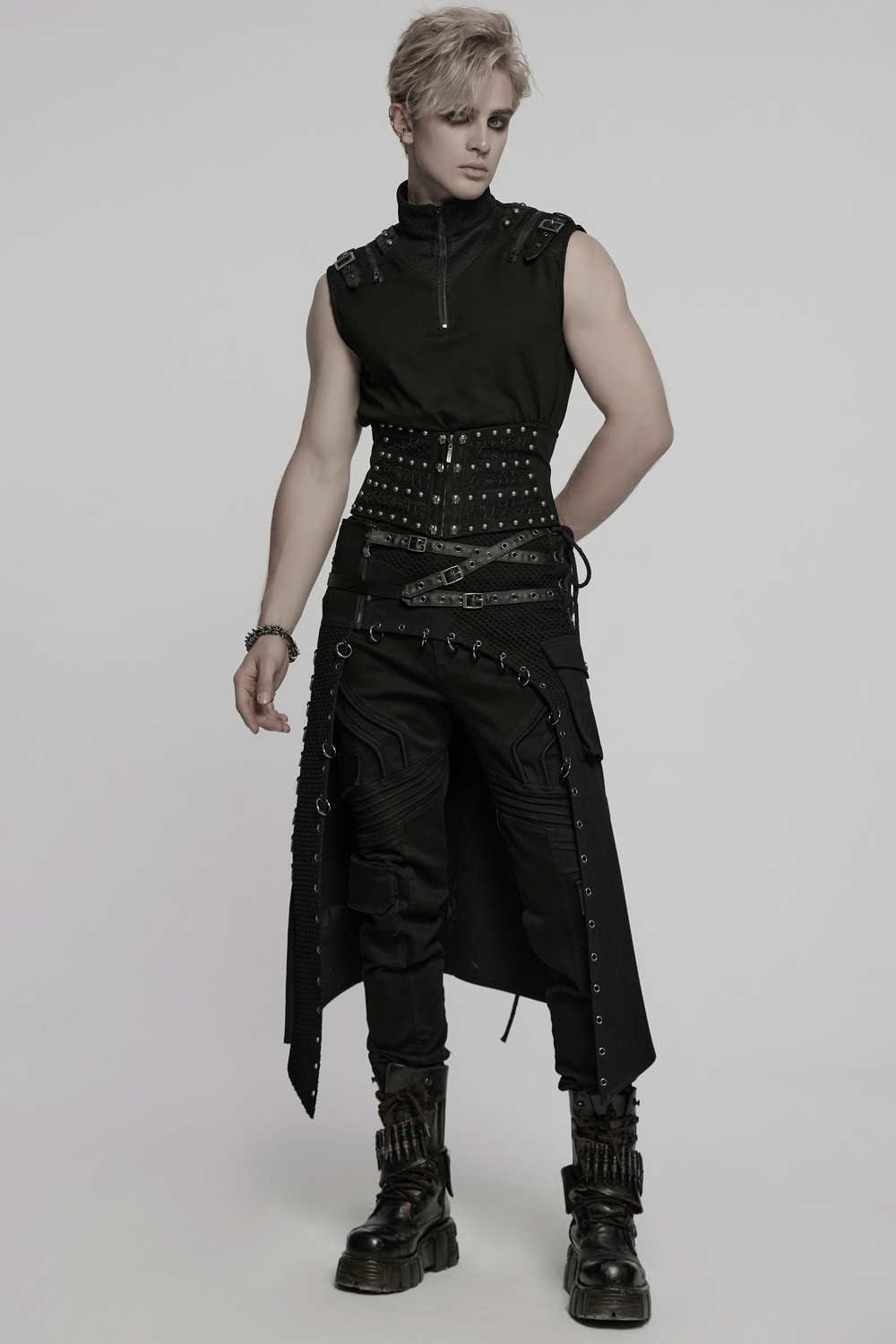 Male Gothic Corset Belt with Rivets and Lace-Up Back