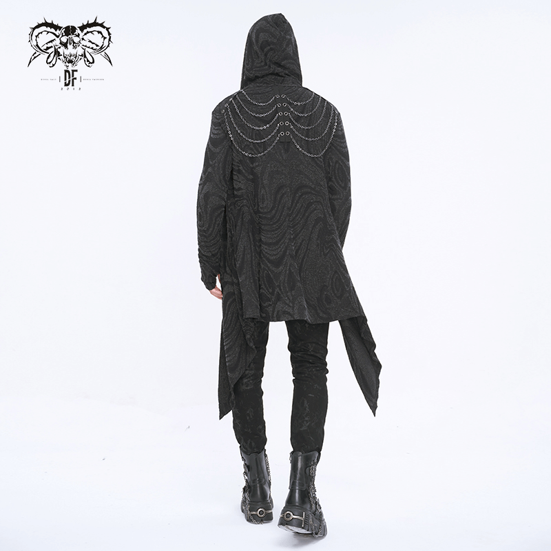 Male Gothic Irregular Hooded Coat with Multi-chain on Back