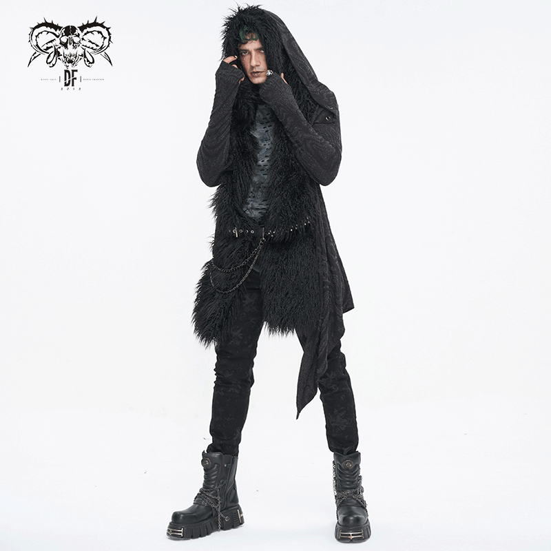 Male Gothic Irregular Hooded Coat with Multi-chain on Back