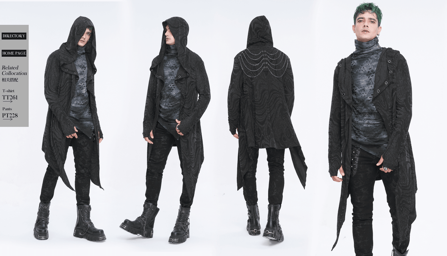 Male Gothic Irregular Hooded Coat with Multi-chain on Back