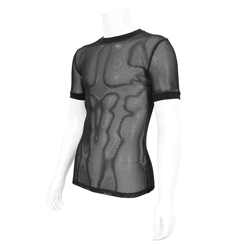 Male Gothic Short-sleeved Sheer Mesh T-Shirt / Casual Black Fitted Elastic T-Shirts for Men