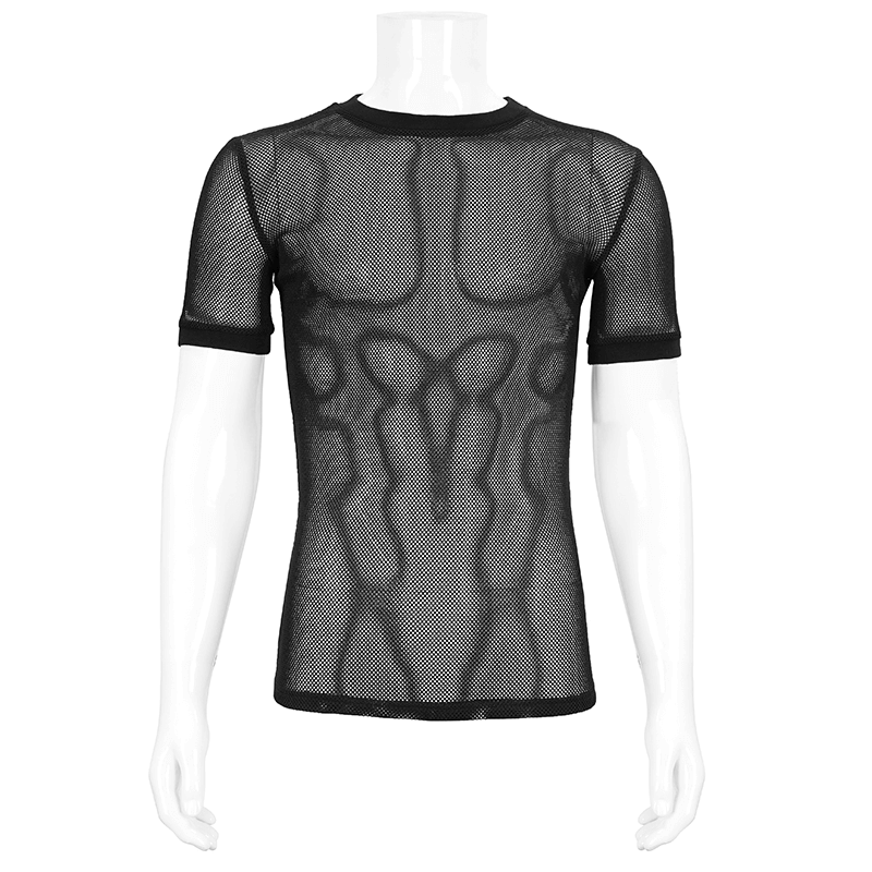 Male Gothic Short-sleeved Sheer Mesh T-Shirt / Casual Black Fitted Elastic T-Shirts for Men