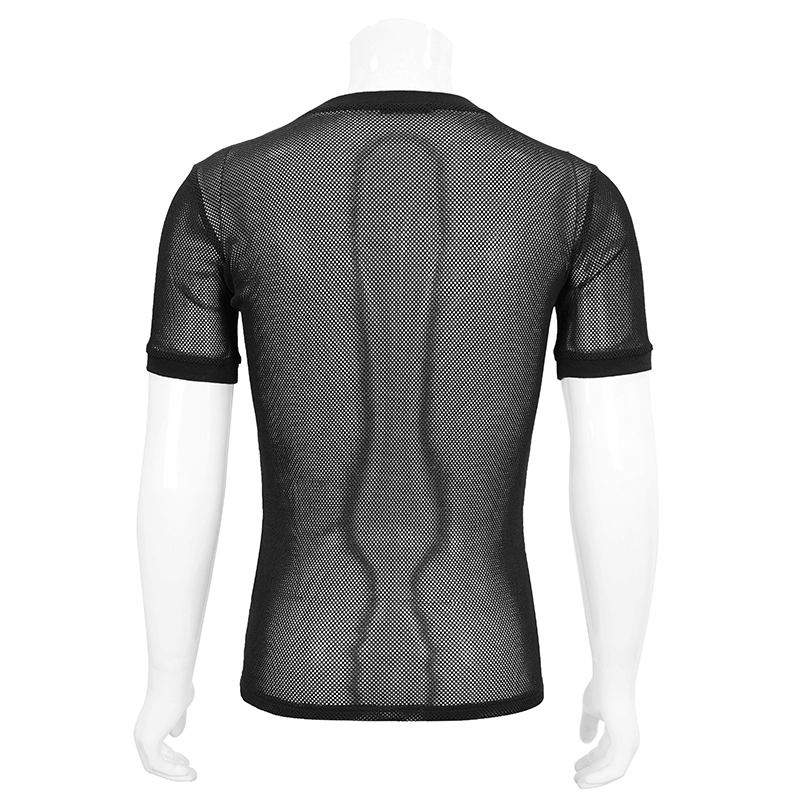 Male Gothic Short-sleeved Sheer Mesh T-Shirt / Casual Black Fitted Elastic T-Shirts for Men