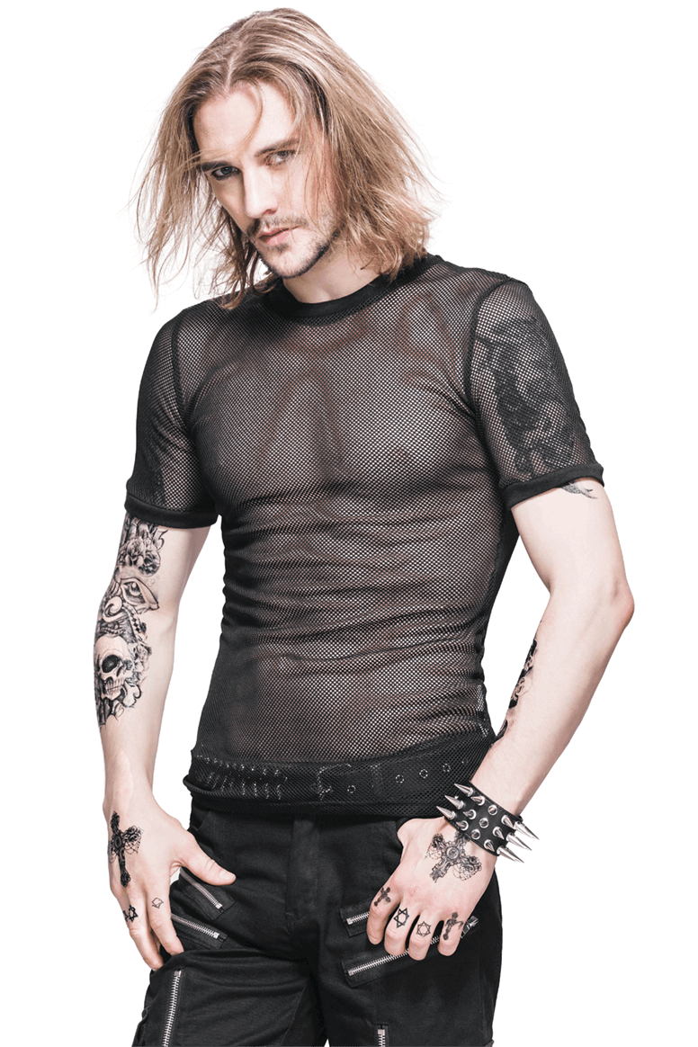 Male Gothic Short-sleeved Sheer Mesh T-Shirt / Casual Black Fitted Elastic T-Shirts for Men
