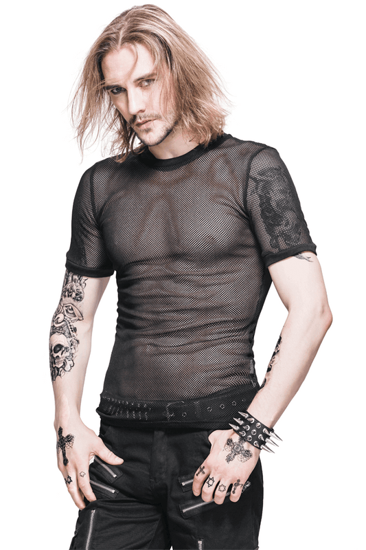 Male Gothic Short-sleeved Sheer Mesh T-Shirt / Casual Black Fitted Elastic T-Shirts for Men