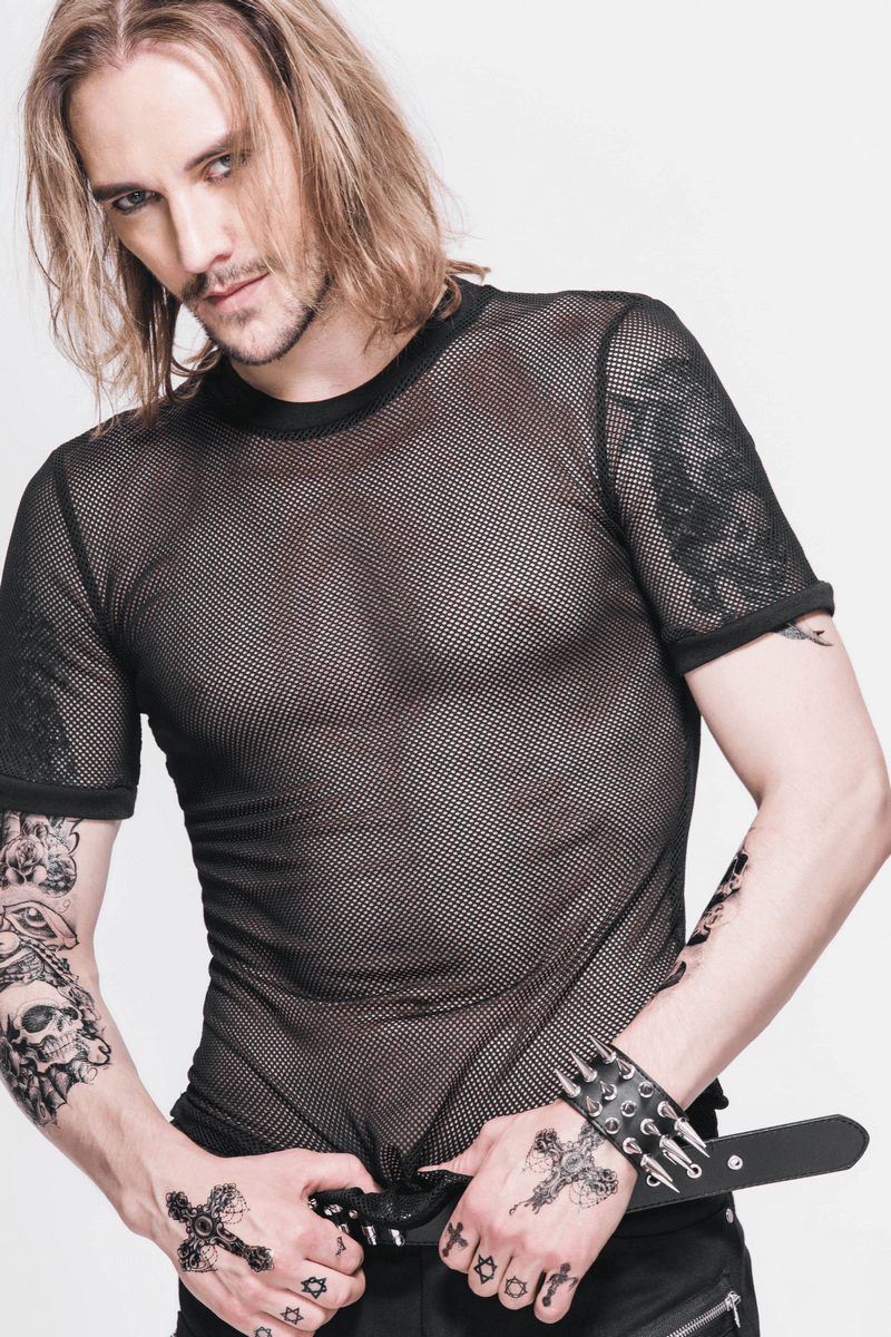 Male Gothic Short-sleeved Sheer Mesh T-Shirt / Casual Black Fitted Elastic T-Shirts for Men