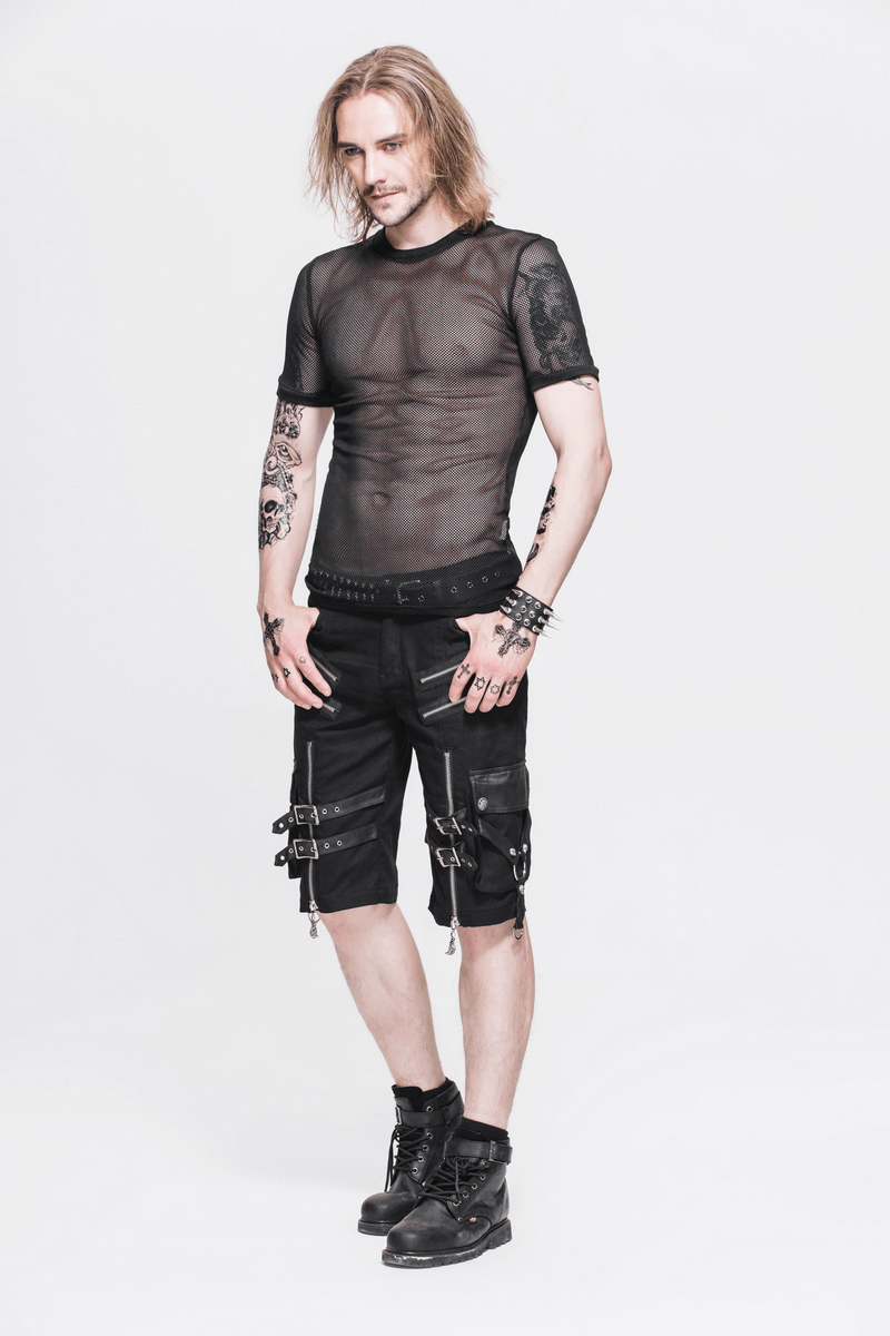 Male Gothic Short-sleeved Sheer Mesh T-Shirt / Casual Black Fitted Elastic T-Shirts for Men