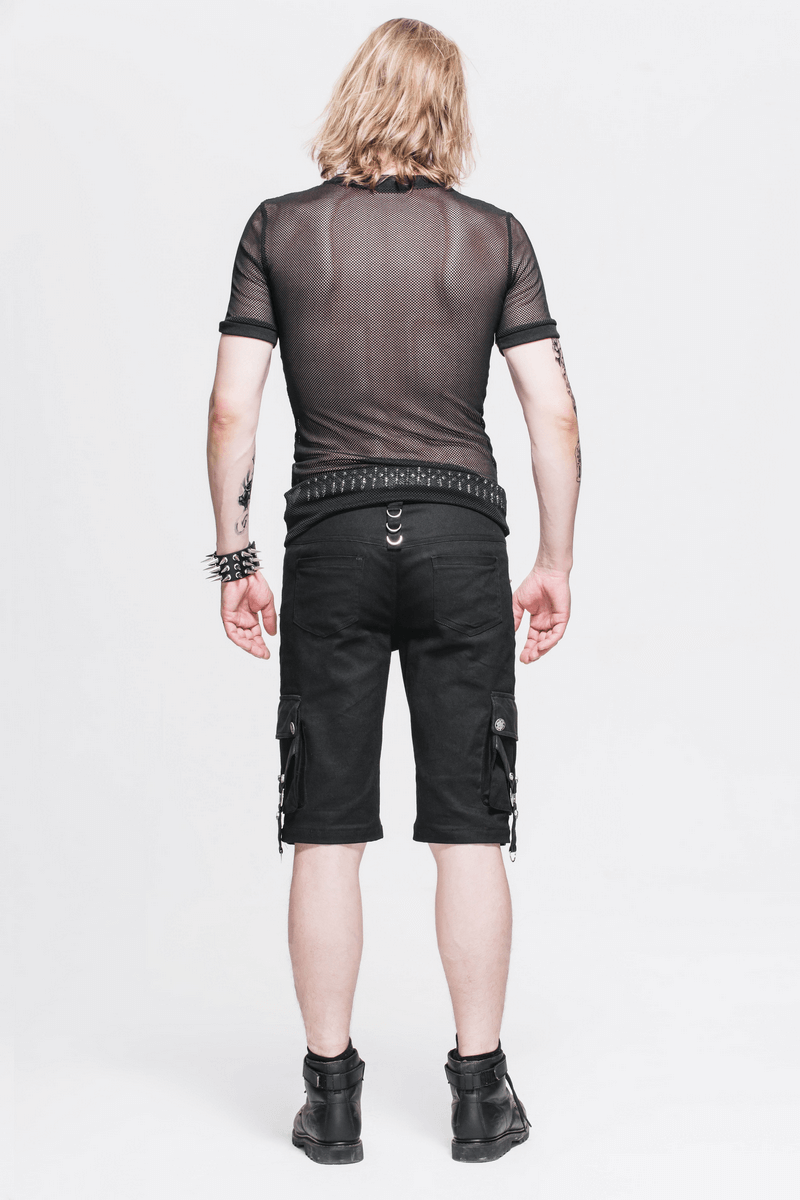 Male Gothic Short-sleeved Sheer Mesh T-Shirt / Casual Black Fitted Elastic T-Shirts for Men