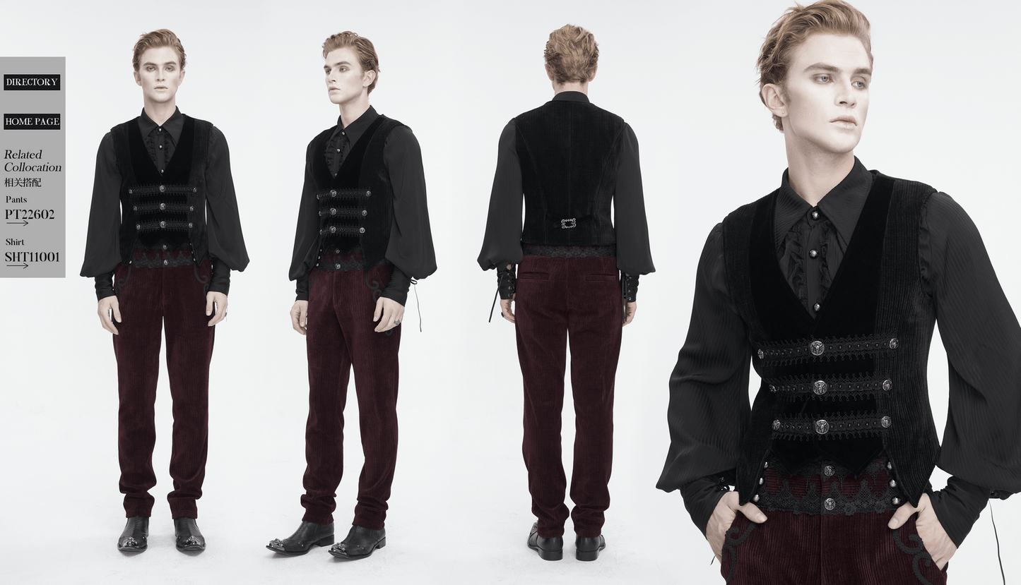 Male Gothic Velvet Irregular Waistcoat with Lace and Buttons