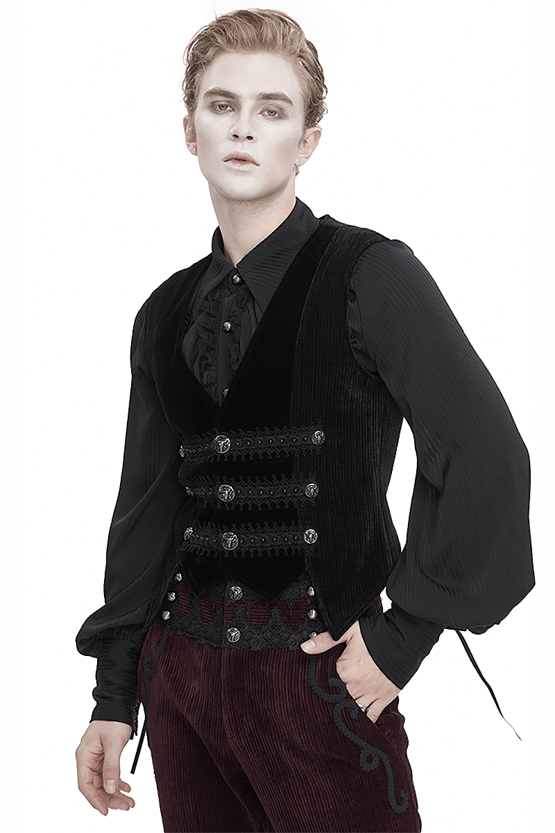 Male Gothic Velvet Irregular Waistcoat with Lace and Buttons