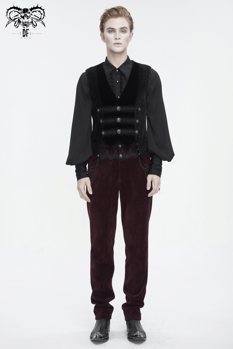 Male Gothic Velvet Irregular Waistcoat with Lace and Buttons