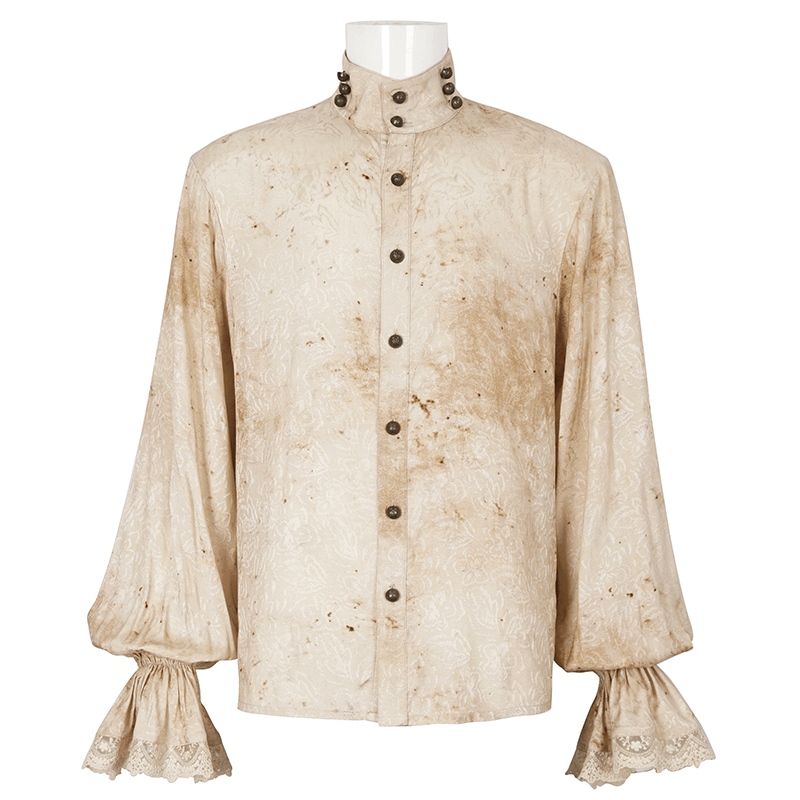 Male Lantern Sleeved Stand Collar Distressed Shirt with Necktie