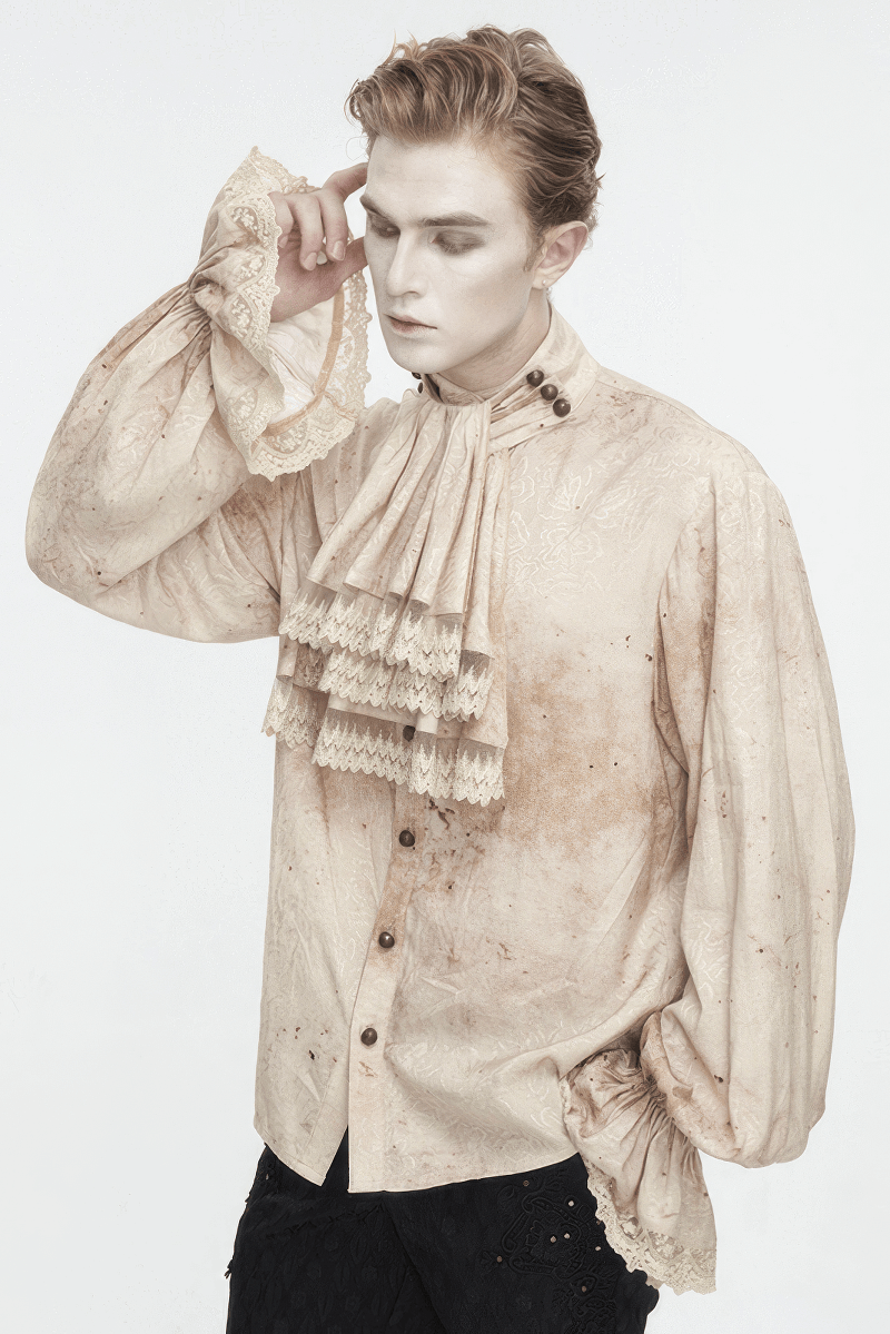 Male Lantern Sleeved Stand Collar Distressed Shirt with Necktie