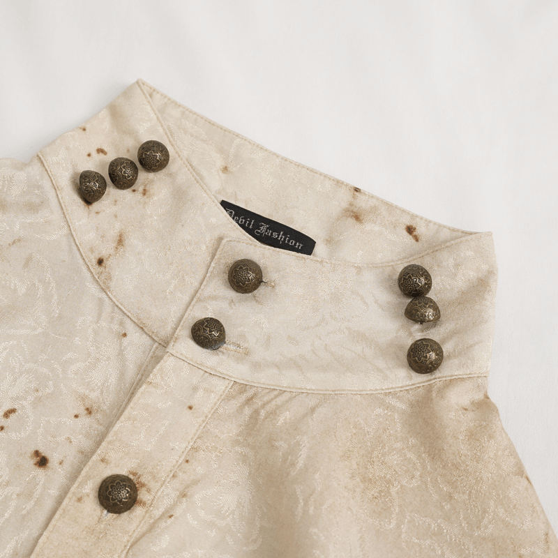 Male Lantern Sleeved Stand Collar Distressed Shirt with Necktie