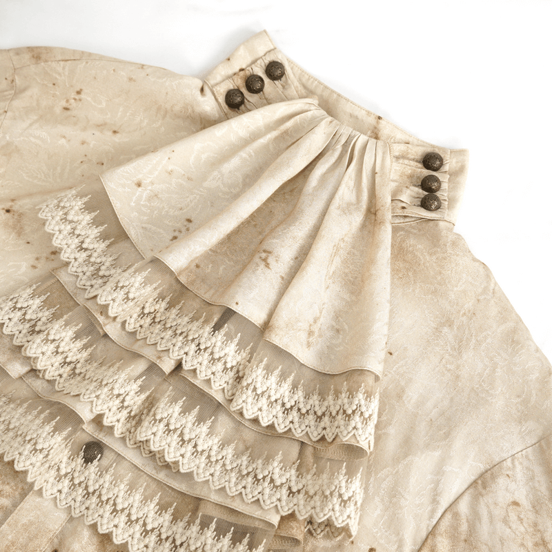 Male Lantern Sleeved Stand Collar Distressed Shirt with Necktie