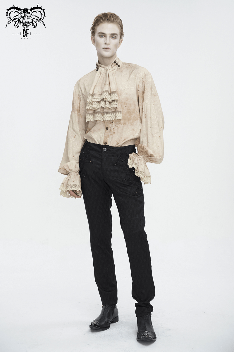 Male Lantern Sleeved Stand Collar Distressed Shirt with Necktie