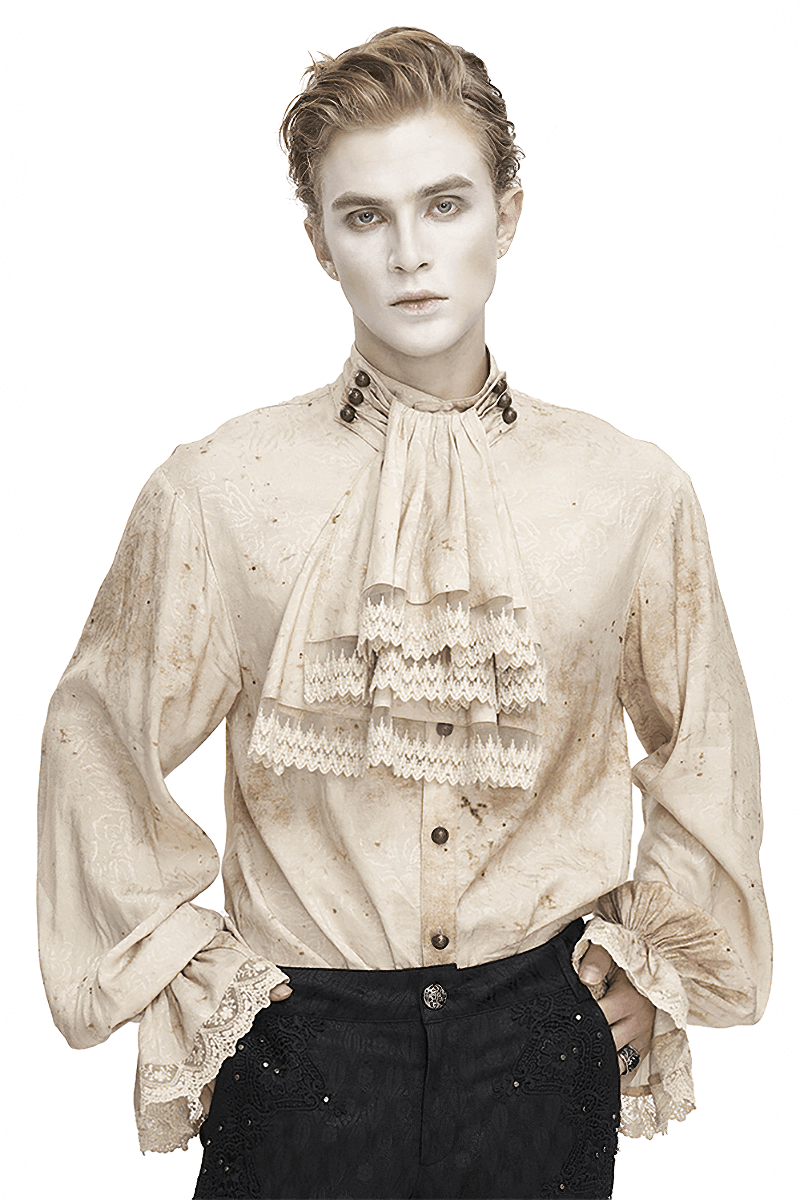 Male Lantern Sleeved Stand Collar Distressed Shirt with Necktie