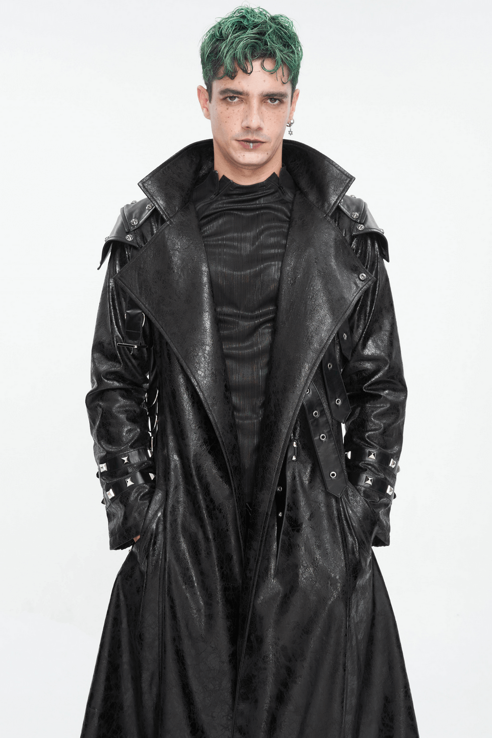 Male Punk Stand Collar Multi-buckle Faux Leather Coat