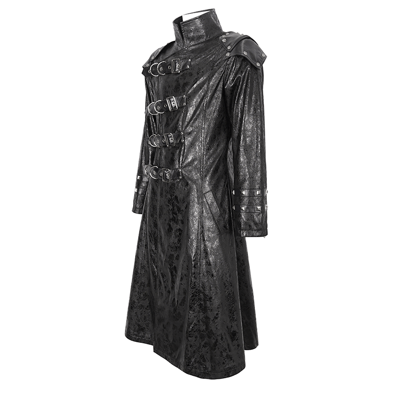 Male Punk Stand Collar Multi-buckle Faux Leather Coat