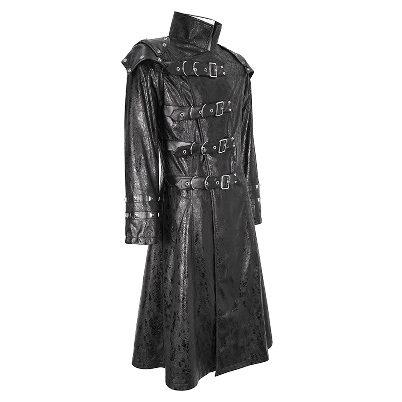 Male Punk Stand Collar Multi-buckle Faux Leather Coat