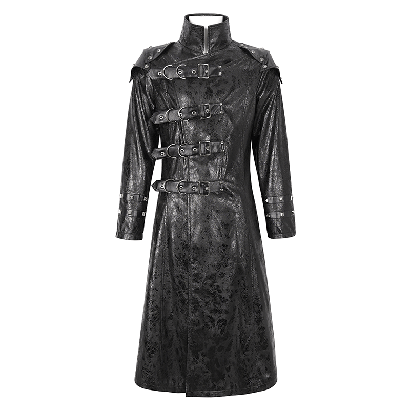 Male Punk Stand Collar Multi-buckle Faux Leather Coat
