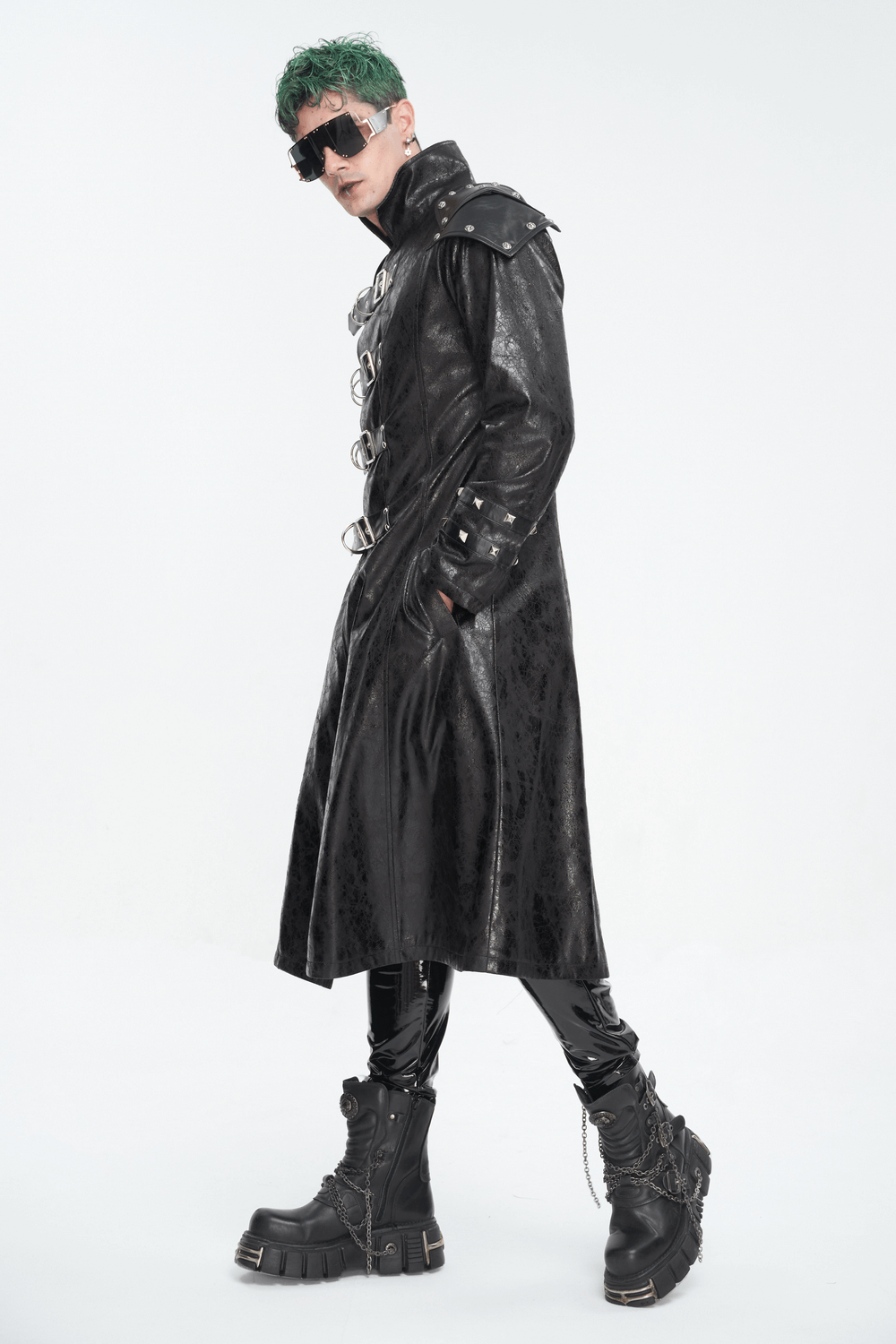 Male Punk Stand Collar Multi-buckle Faux Leather Coat
