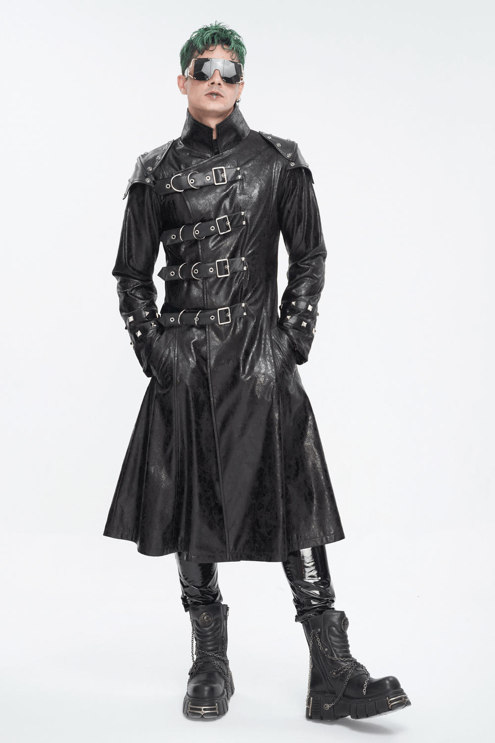 Male Punk Stand Collar Multi-buckle Faux Leather Coat