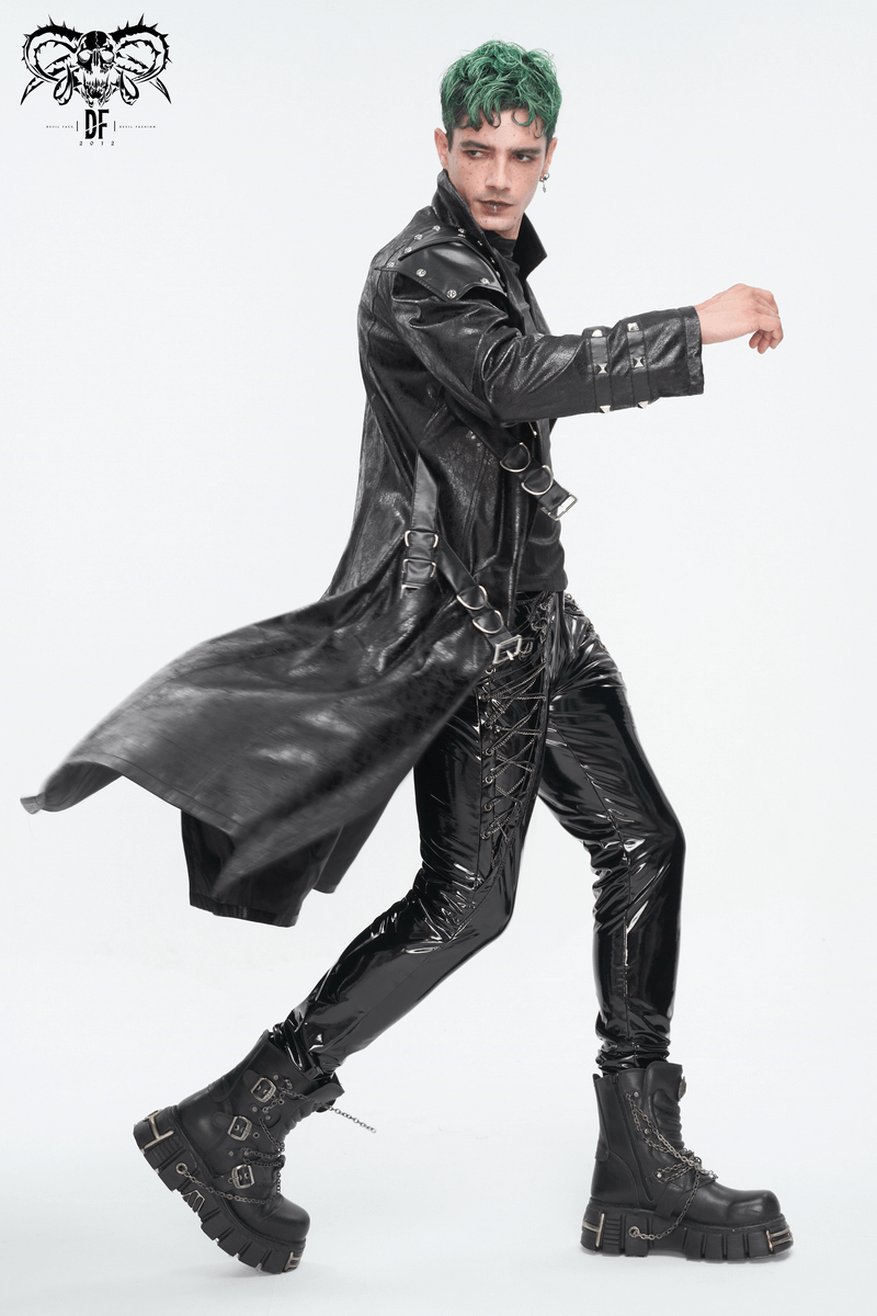 Male Punk Stand Collar Multi-buckle Faux Leather Coat