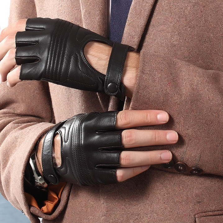 Male Real Leather Fingerless Gloves / Tactics Gloves of Sheepskin in Punk Style