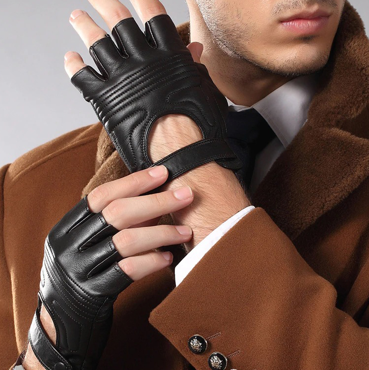 Male Real Leather Fingerless Gloves / Tactics Gloves of Sheepskin in Punk Style
