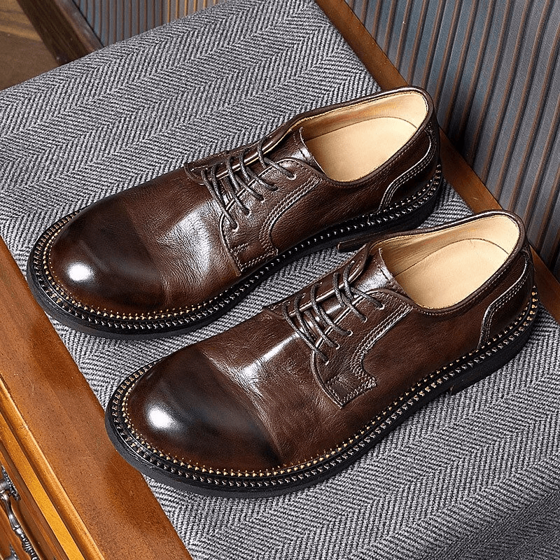Male Retro Elegant Leather Shoes / Soft Lace-up Round Toe Oxfords / Casual Men's Footwear