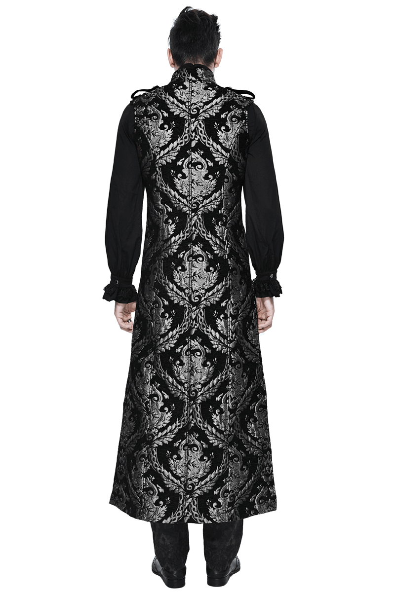 Men's Gothic Silver Embroidered Long Sleeveless Coat