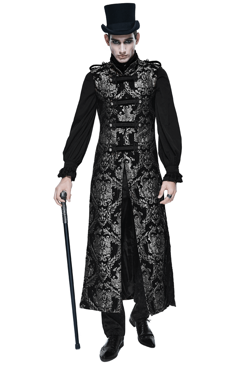 Men's Gothic Silver Embroidered Long Sleeveless Coat