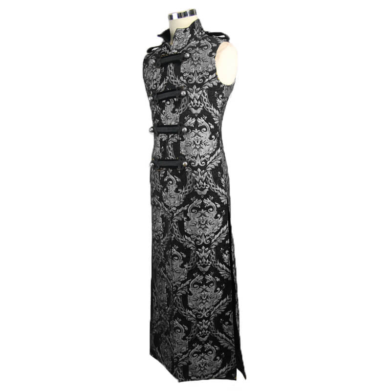 Men's Gothic Silver Embroidered Long Sleeveless Coat