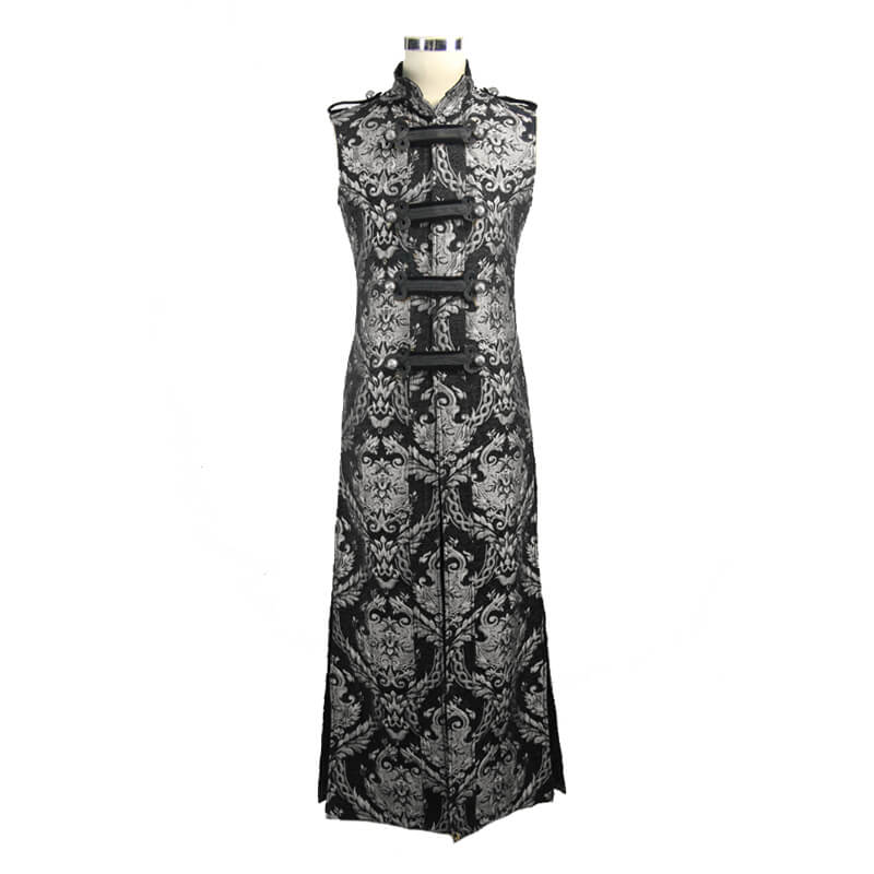 Men's Gothic Silver Embroidered Long Sleeveless Coat