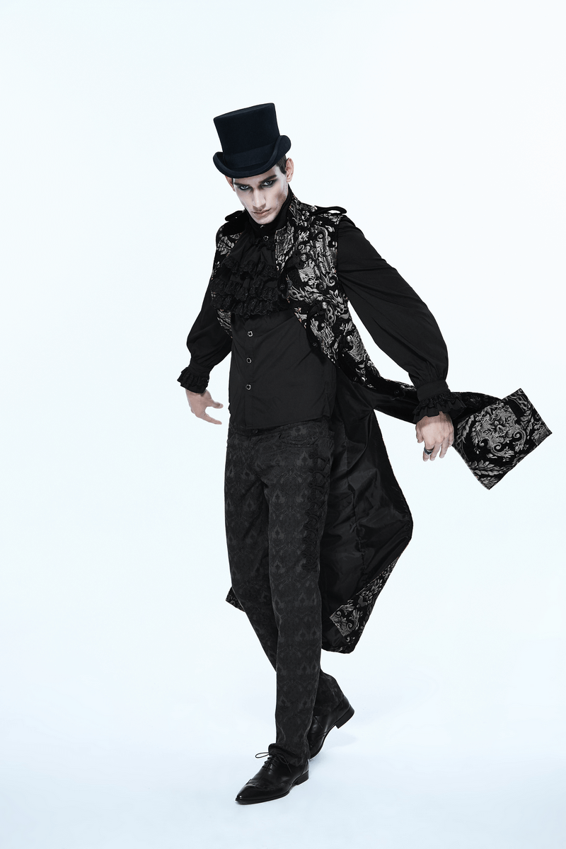 Men's Gothic Silver Embroidered Long Sleeveless Coat