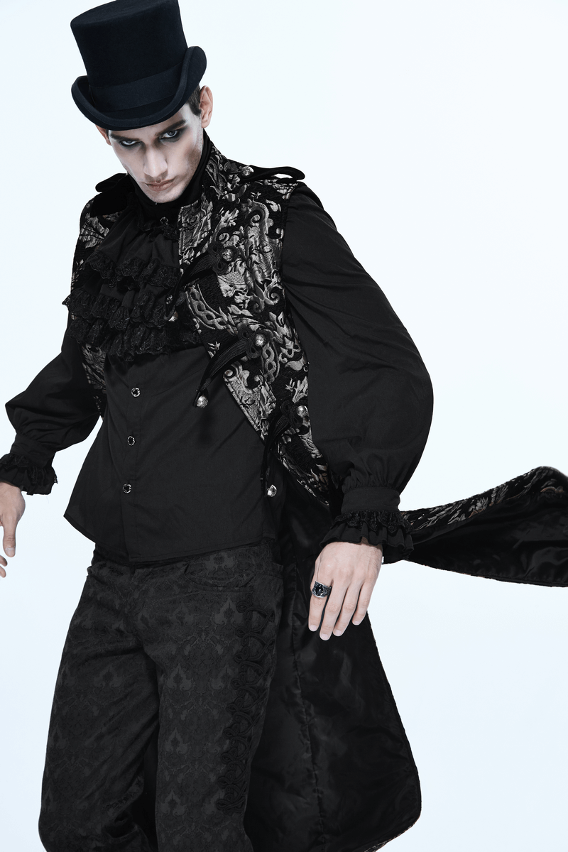 Men's Gothic Silver Embroidered Long Sleeveless Coat