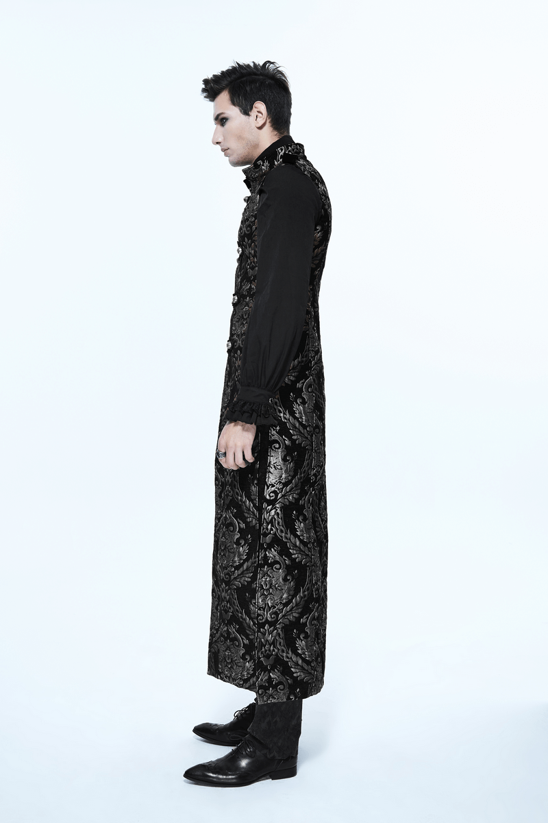 Men's Gothic Silver Embroidered Long Sleeveless Coat