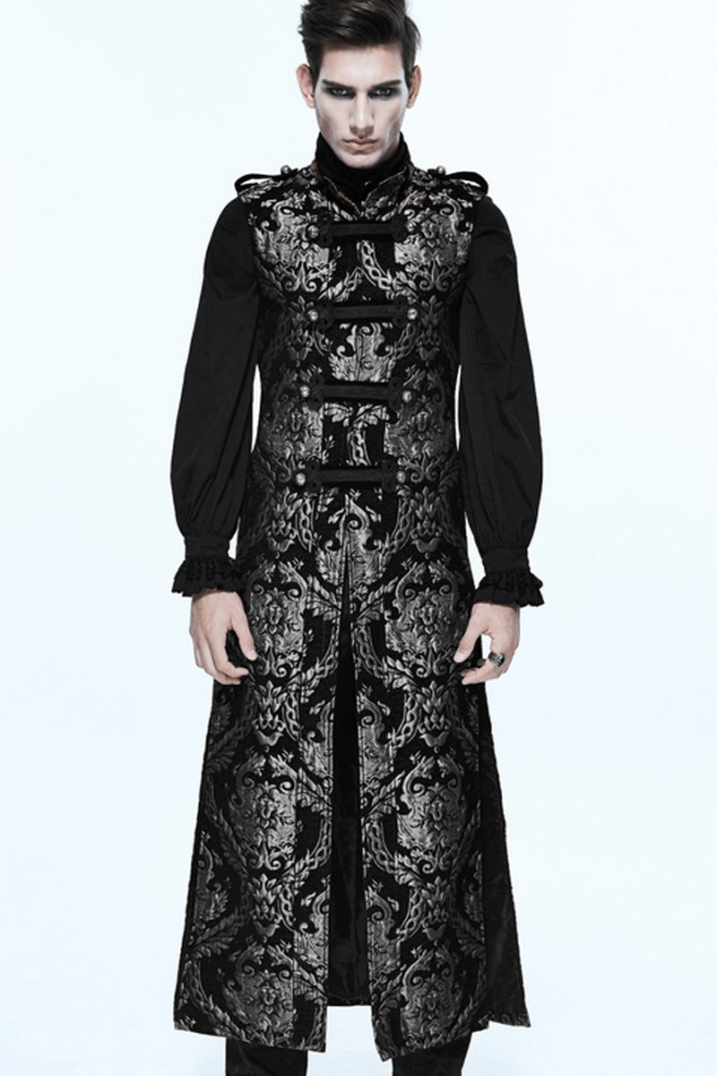 Men's Gothic Silver Embroidered Long Sleeveless Coat