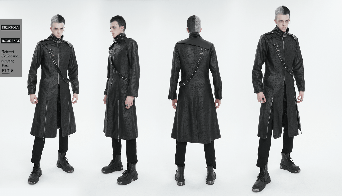 Male Stand Collar Split Coat with Detachable Crossbody Strap / Fashion Long Trench Coat for Men