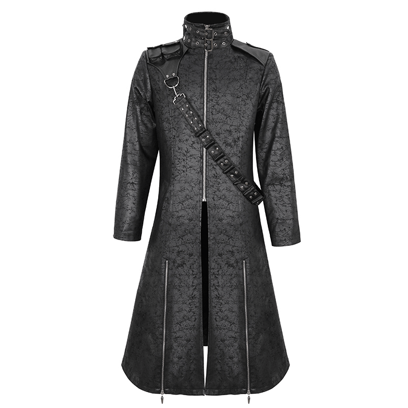 Male Stand Collar Split Coat with Detachable Crossbody Strap / Fashion Long Trench Coat for Men