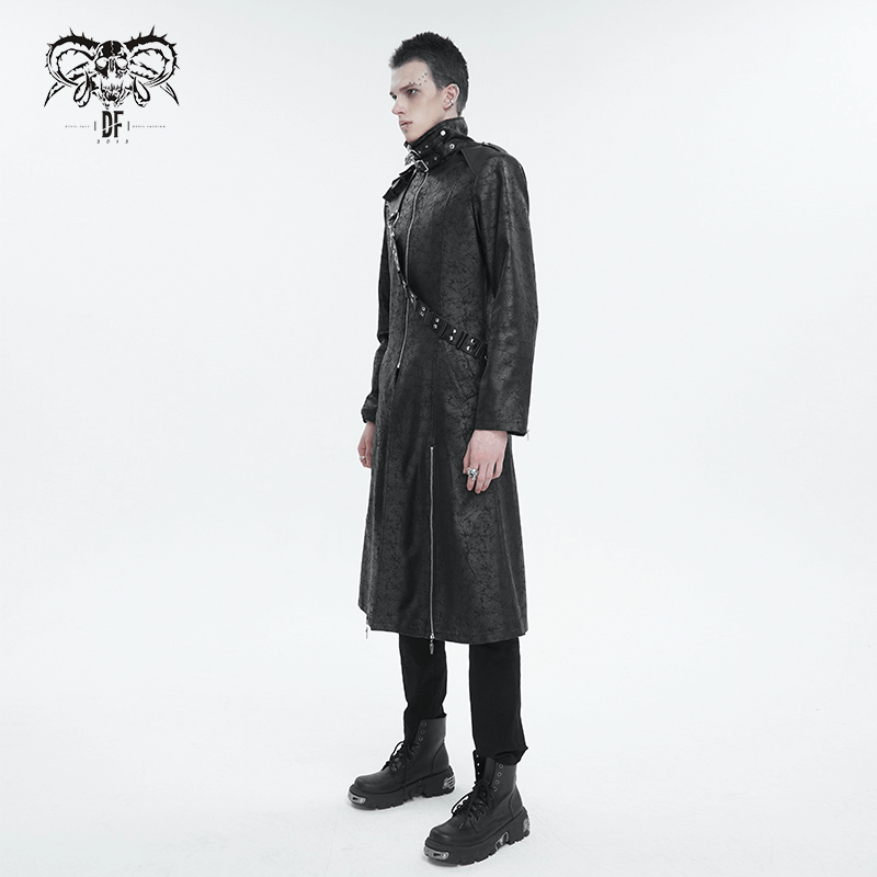 Male Stand Collar Split Coat with Detachable Crossbody Strap / Fashion Long Trench Coat for Men