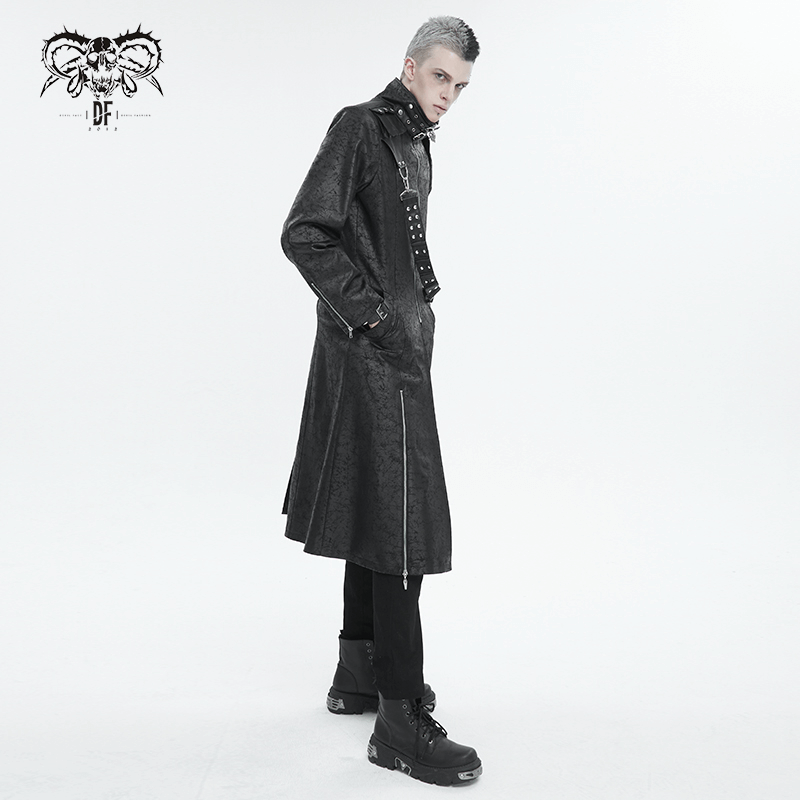 Male Stand Collar Split Coat with Detachable Crossbody Strap / Fashion Long Trench Coat for Men