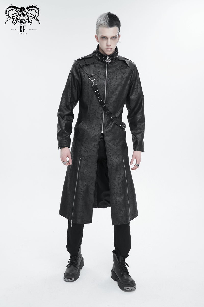 Male Stand Collar Split Coat with Detachable Crossbody Strap / Fashion Long Trench Coat for Men