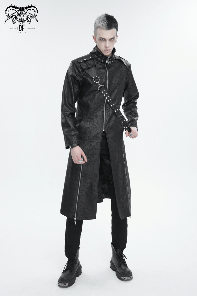 Male Stand Collar Split Coat with Detachable Crossbody Strap / Fashion Long Trench Coat for Men