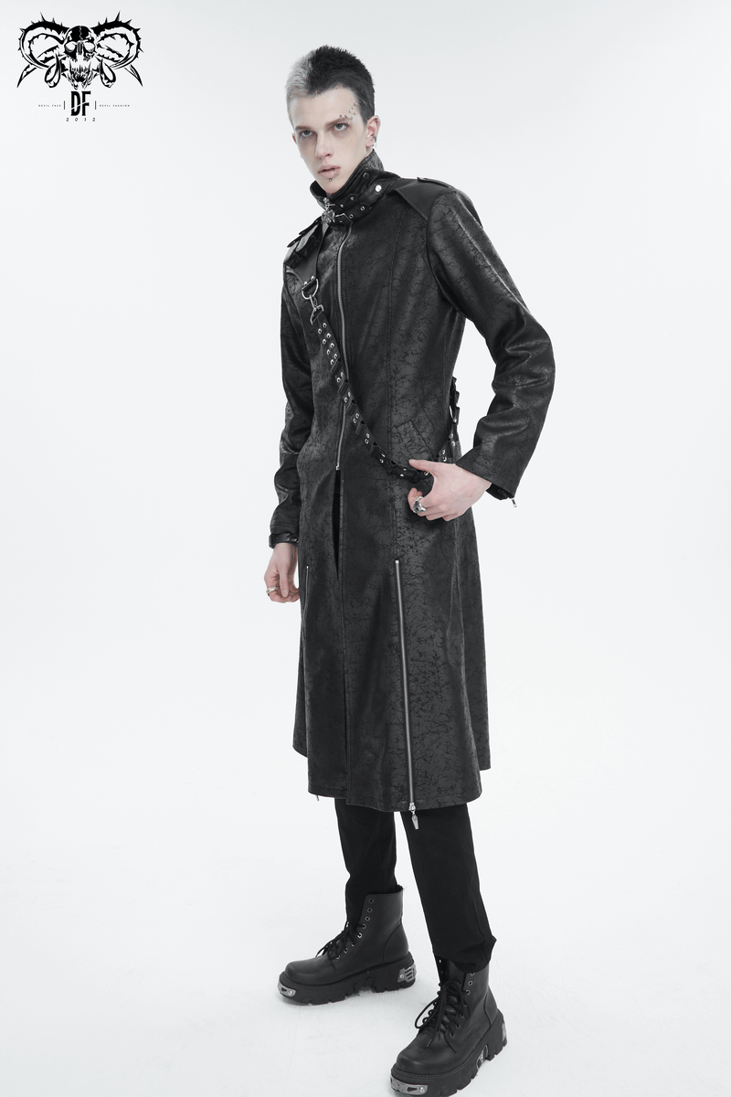Male Stand Collar Split Coat with Detachable Crossbody Strap / Fashion Long Trench Coat for Men