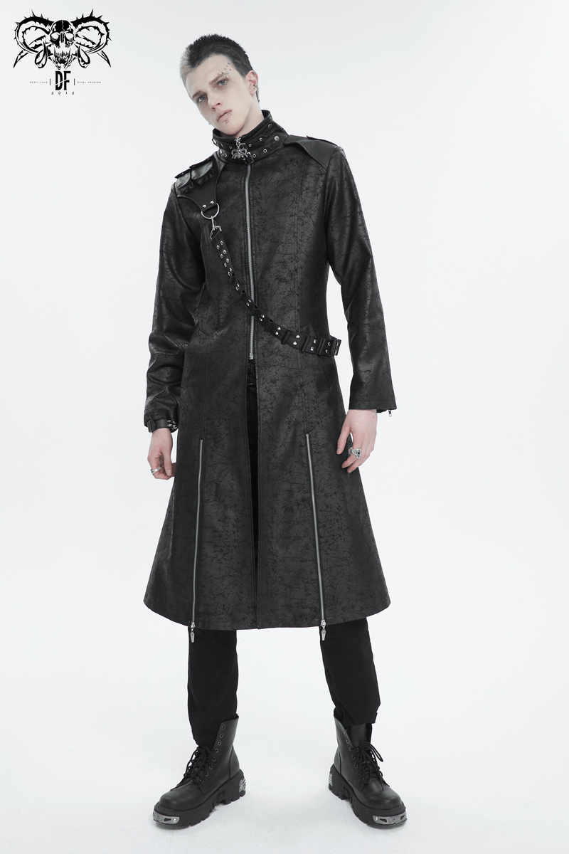 Male Stand Collar Split Coat with Detachable Crossbody Strap / Fashion Long Trench Coat for Men