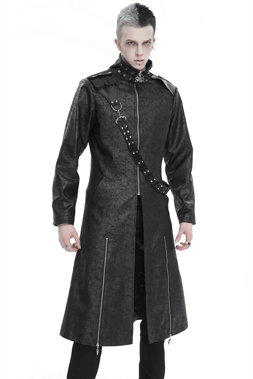 Male Stand Collar Split Coat with Detachable Crossbody Strap / Fashion Long Trench Coat for Men
